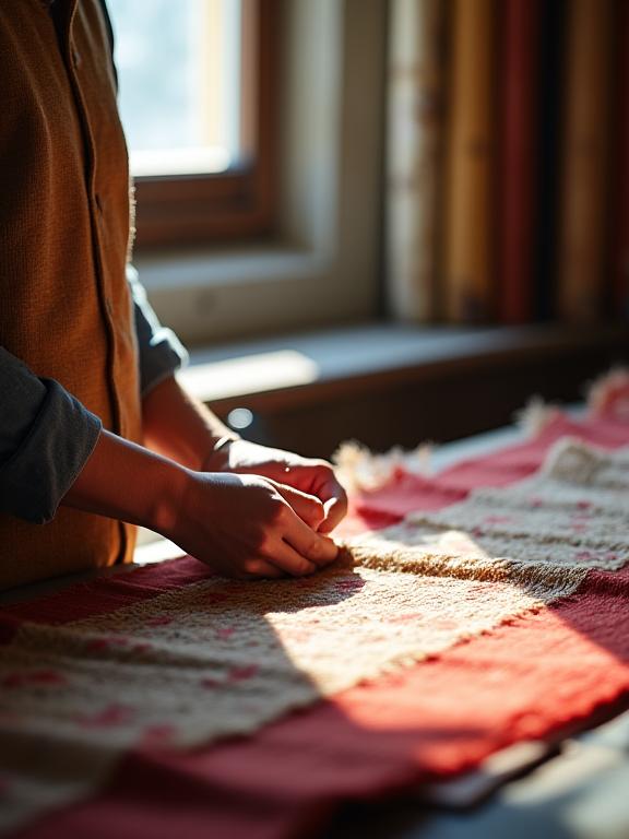 Maestro artigiano di Casa del Duca mentre seleziona attentamente un tessuto di pregio nel laboratorio di Firenze.
