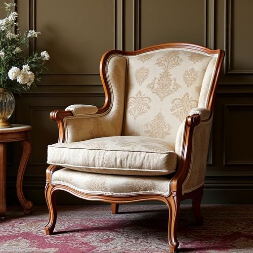 Poltrona d'epoca restaurata con un pregiato tessuto damascato.